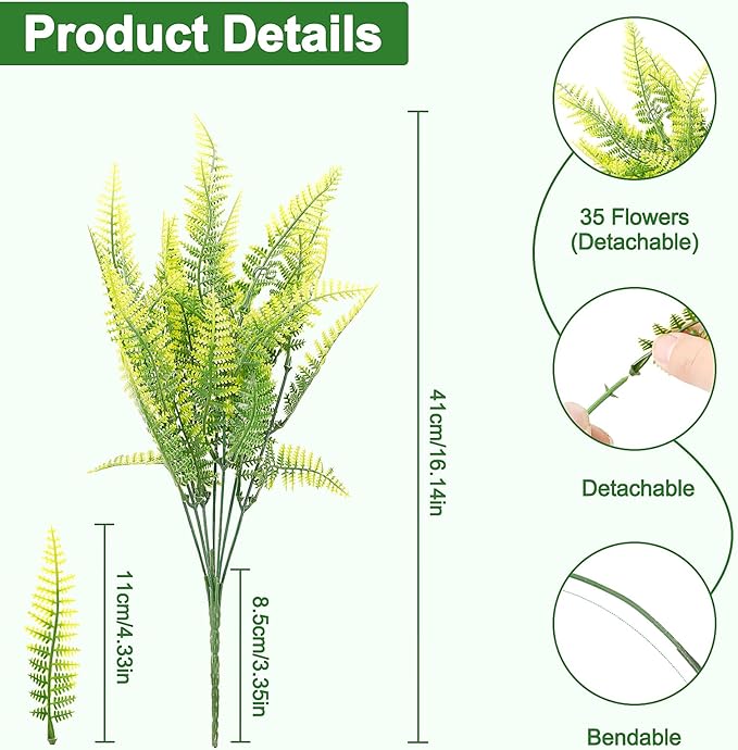 FGSAEOR 12 Bundles Artificial Boston Ferns Flowers for Outdoor Indoor, Faux Flower with Eucalyptus Leaves Fake Plants Greenery, Garden Home Decor