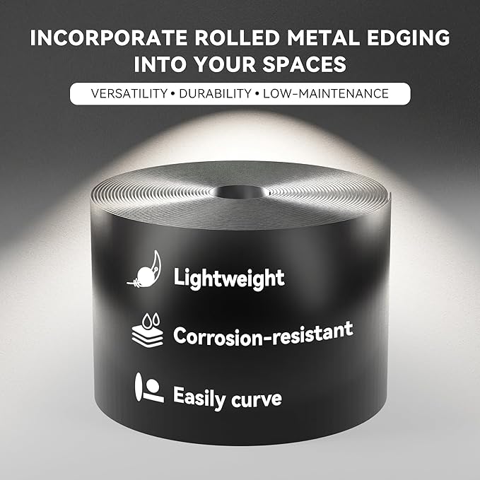 Worth Galvanized Steel Landscape Edging 6" x50' Metal Garden Edging Roll Flexible Bender Border with 16Pcs Stakes for Lawn, Flower Bed Edges, Black