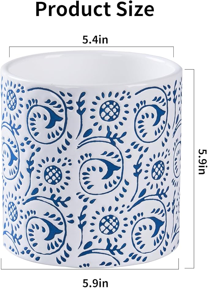 Blue and White Ceramic Plant Pot for Indoor Plants, 6 Inch Boho Flower Pot with Drainage Holes, Modern Planter for Home & Office Decor