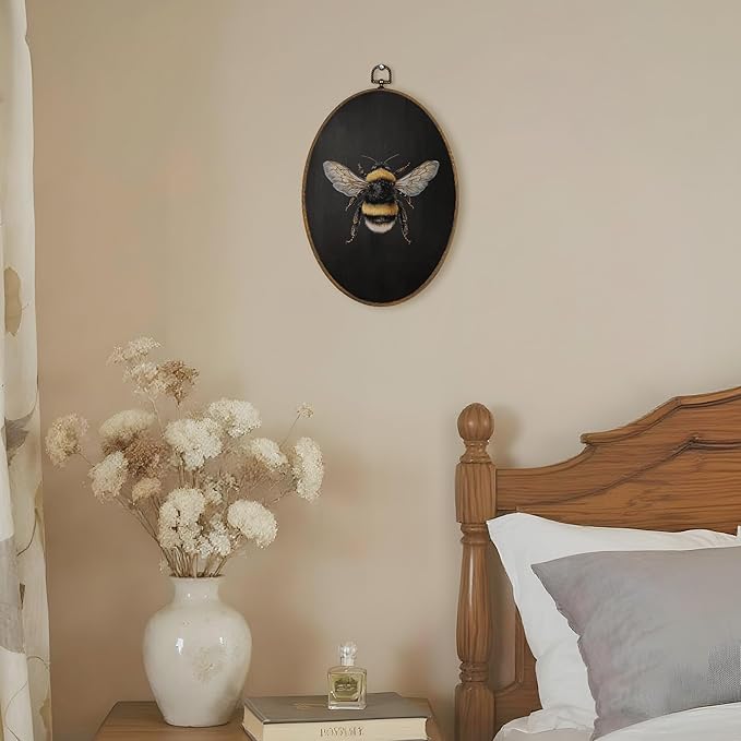 LKETW Vintage Moody Bee Oval Wall Art Decor, Dark Academia Bumblebee Oval Canvas Hanging Decor, Rustic Dark Cottagecore Bee Insect Wall Decorations for Farmhouse Home Living Room, 8.6x11.4 Inch