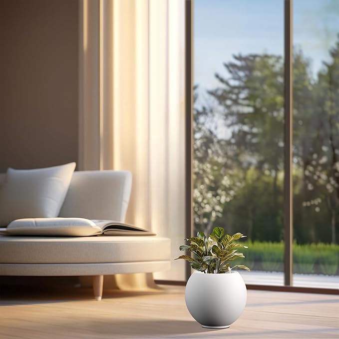 Kante Round Concrete Flower Pot, 11 Inch Dia (7.9" Opening) Sphere Shape Design Planter with Drainage Hole and Rubber Plug for Indoor & Outdoor Plants, White Finish with Painted Interior