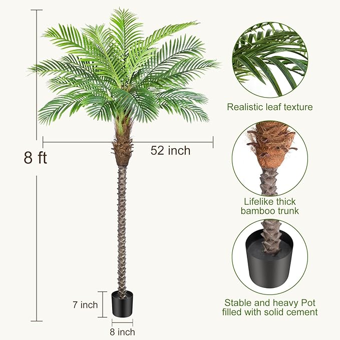 8ft Tall Artificial Phoenix Palm Tree for Outdoor Indoor Decor, Large Faux Coconut Silk Palm Tree Tropical Fake Tree Perfect for Outside Patio Poolside Home Office Decor (Set of 2)
