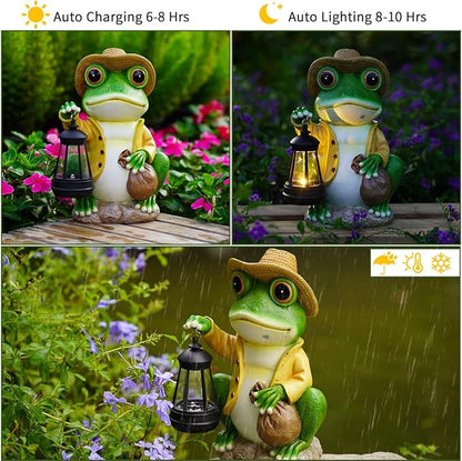 Frog Garden Statue with Solar Lantern - Large 13 in Solar Frog Statue Outdoor for Yard, Patio, Porch, Lawn and Balcony Decorations, Gift for Gardeners and Housewarming