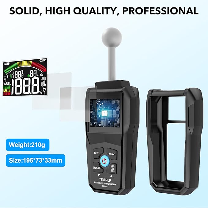 Moisture Meter - TEMIRUP Pin & Pinless Wood Moisture Tester with Color LCD and Acoustic Alarm, Digital Moisture Reader Detects 20-40 mm for Walls, Wood, Masonry, Concrete and Other Building Materials