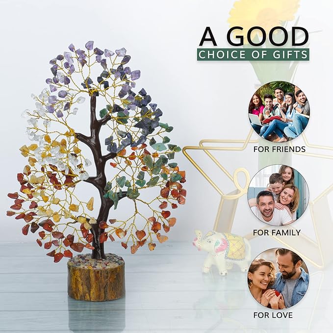 NARIBABU 7 Chakra Crystal Tree with 300 Gemstones – 10-12 Inch Energy Tree with Golden Wire & Wooden Base – Gifts for Her, Healing Crystals Decor, Birthday Gift for Women