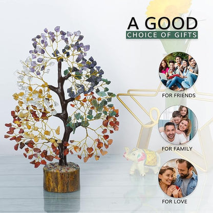 NARIBABU 7 Chakra Crystal Tree with 300 Gemstones – 10-12 Inch Energy Tree with Golden Wire & Wooden Base – Gifts for Her, Healing Crystals Decor, Birthday Gift for Women