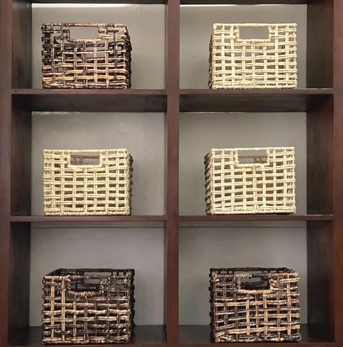 Handwoven Natural Basket Set – 3 Buri & Wicker Crates, 12"x10"x8", Storage for Pantry, Kitchen, Shelves, Breathable Open Weave Organizer, Rustic Milk Crate Design