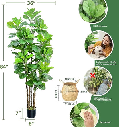 ROOMTEC Artificial Fiddle Leaf Fig Tree,7 FT Tall Artificial Tree with Woven Seagrass Plant Basket Fake Floor Plant in Pot for Home Decor Living Room Indoor Outdoor Office Bedroom Decor