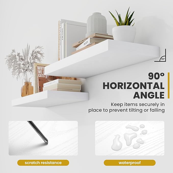 30 Inch Floating Shelves, 9.3" Deep Floating Shelf Wall Mounted, 30" Wall Shelves, Rustic Deep Bookshelf, Large Display Shelves & Storage Shelves for Bedroom, Living Room, White, Set of 2