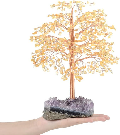 Crystal Tree of Life Natural Citrine Gemstone,Amethyst Geode Cluster,Chakra Balancing Positive Energy Healing Crystals Feng Shui Home Decor Money Tree,Gift 10"-11"