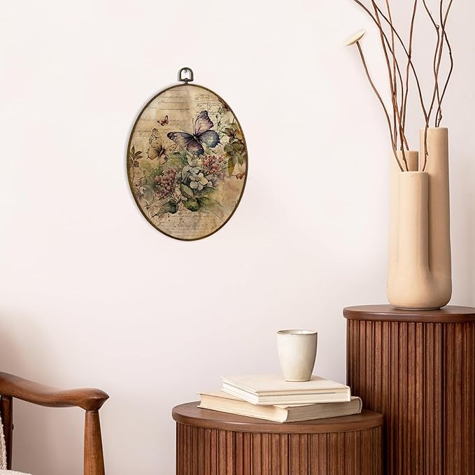 MAQIKA Farmhouse Butterfly Wildflower Oval Framed Wall Art Decor, Butterfly Wall Art, Butterflies Botanical Oval Wall Hanging Decor, Butterflies Canvas Wall Art for Kitchen Girls Room, 8.7x11.3 Inch