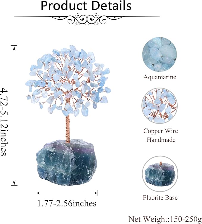 Jovivi Natural Aquamarine Crystal Tree, Raw Healing Crystals Fluorite Base Bonsai Money Tree for Home Office Table Decor Wealth and Luck