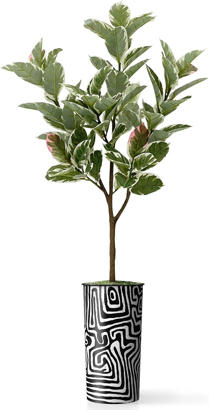 Artificial Tree in Modern Geometric Pattern Planter, Fake Rubber Silk TRE for Indoor and Outdoor Home Decoration - 70" Overall Tall (Plant Pot Plus Tree)