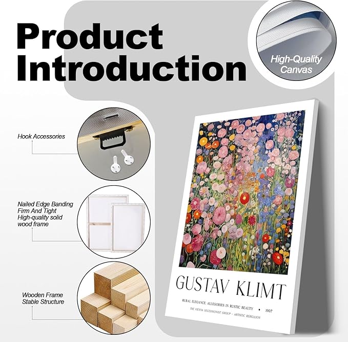 Framed Gustav Klimt Canvas Wall Art Colorful Floral Poster Picture Vintage Countryside Painting Nature Landscape Modern Home Print Living Room Gallery Office Ready to Hang 16x24 Inch x3