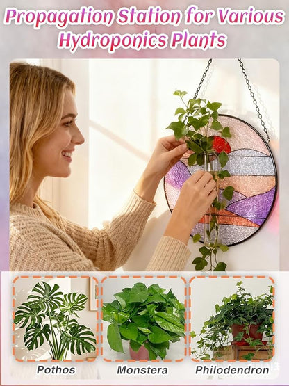 Stained Glass Propagation Stations - Sunshine Catcher Window Hanging Plant Holder, Terrariums Wall Decor for Women Mom Plant Lovers Christmas Gardening Gifts, Red