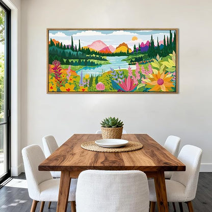 ANHUIB Large Colorful Wall Art 20x40 Inch Framed Abstract Floral Wall Decor Forest Woodland Painting Muticolor Mountain Range Illustration for Living Room Dining Room Bedroom