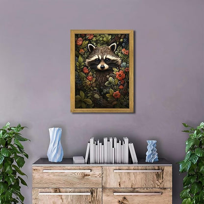 SAMHOU Framed 3D Textured Wall Art, Vintage Hand Drawn Sandstone Raccoon Wall Decor, Dark Academia Animal with Botanical Florals Paintings for Living Room Bedroom Bathroom Home Decor 16x24 inch