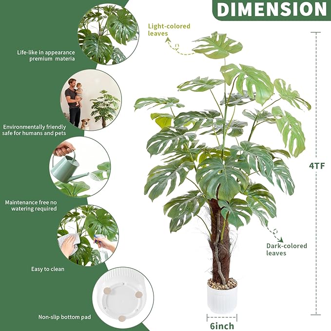 48 Inch Thick stem Turtle Dorsal Leaf ilitphke Artificial Monstera Deliciosa Plant,4ft Fake Swiss Cheese Potted Faux Tropical Floor Plants,Potted Faux Tree for Home Office Living Room Decor