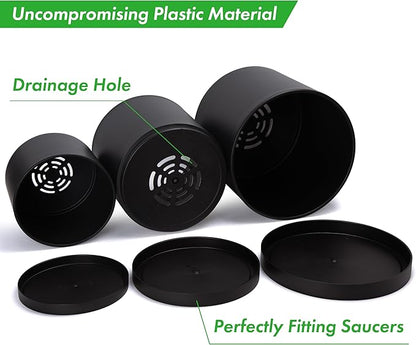 D'vine Dev 10 Inch 12 Inch 14 Inch, Set of 3 Plastic Planter Pots for Plants with Drainage Hole and Seamless Saucers, Black Color, XX-Large, 74-V-B-6