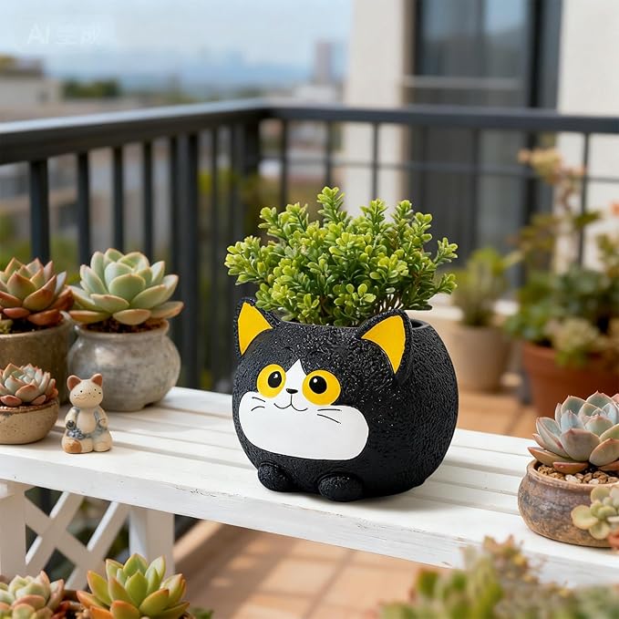 Black Cat Planter Pot - Unique Resin Succulent Planter with Drainage Hole, Funny Cat Plant Pots for Indoor Outdoor Plants, Cute Decorative Flower Pot Gift for Mother and Cat/Plant Lovers