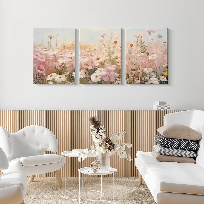 Framed Pink Wildflowers Canvas Wall Art Colorful Floral Poster Picture Vintage Country Painting Nature Landscape Modern Home Print Living Room Gallery Office Ready to Hang 16x24 Inch x3