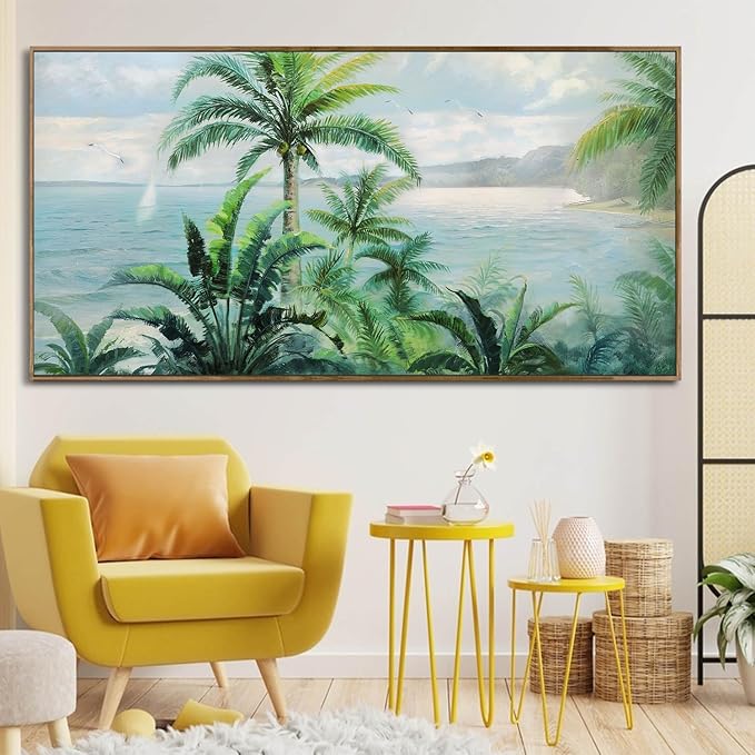 Anolyfi Framed Wall Art Palm Tree Picture Tropical Wall Decor for Living Room, Large Canvas Wall Art Painting Nature Seascape Artwork for Bedroom Kitchen Hallway Office Home Decor, 48"x24"