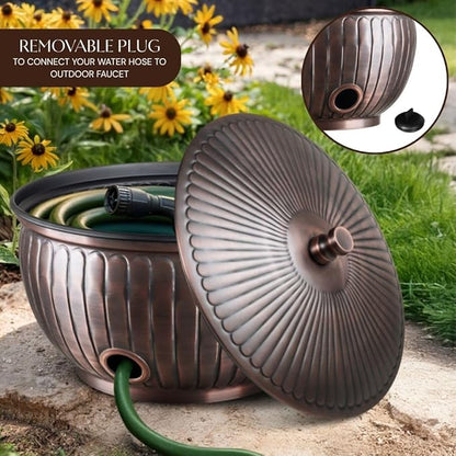 Monarch Abode Garden Hose Holder with Lid – Decorative Water Hose Holders for Outside, Arch Embossed Metal Antique Copper Pot with Drainage, 100ft Waterhose Holder for Outside, Garden Storage Caddy