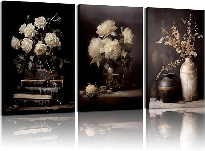 Kdyudo3 pcs Vintage Moody Floral Book-Framed Canvas Wall Art, Dark Mood Still Life Floral Print Paintings Vase Rose Plant Farmhouse Decor, Dark College Posters, Kitchen, Bedroom, Office, 16x24 inch