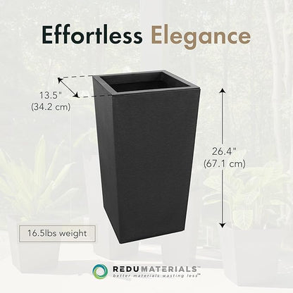 Tierra Verde Indoor & Outdoor Self-Watering Square Planter, Citadel Horizon, 13.5" x 26", Black - Planting Containers for Plants and Flowers - Gardening and Landscaping Accessories