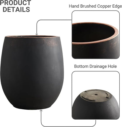 Wallowa 17.7"+13.3"+9.5" Dia Round Concrete Planter Set of 3, Large Outdoor Planter, Black with Gold Rim, Flower Pots with Drainage Holes for Garden, Patio, Home, Office