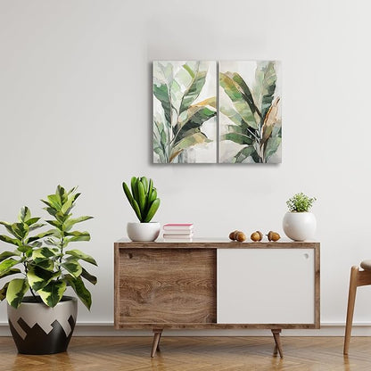Botanical Wall Art Set Hand Painted, for Living Room plant wall art,Green Tropical Plant Leaf Wall Decor, Modern Banana Leaf Wall Painting, for Bedroom, Dining Room, Office - 12x20 Inch 2pack