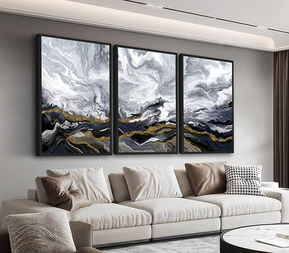 Large Framed Modern Wall Art - Abstract Landscape Cloudy Mountain Wall Decor 20"x28" Set of 3 Contemporary Grey Dark Painting Prints Marble Canvas Pictures for Living Room Bedroom Office Artwork