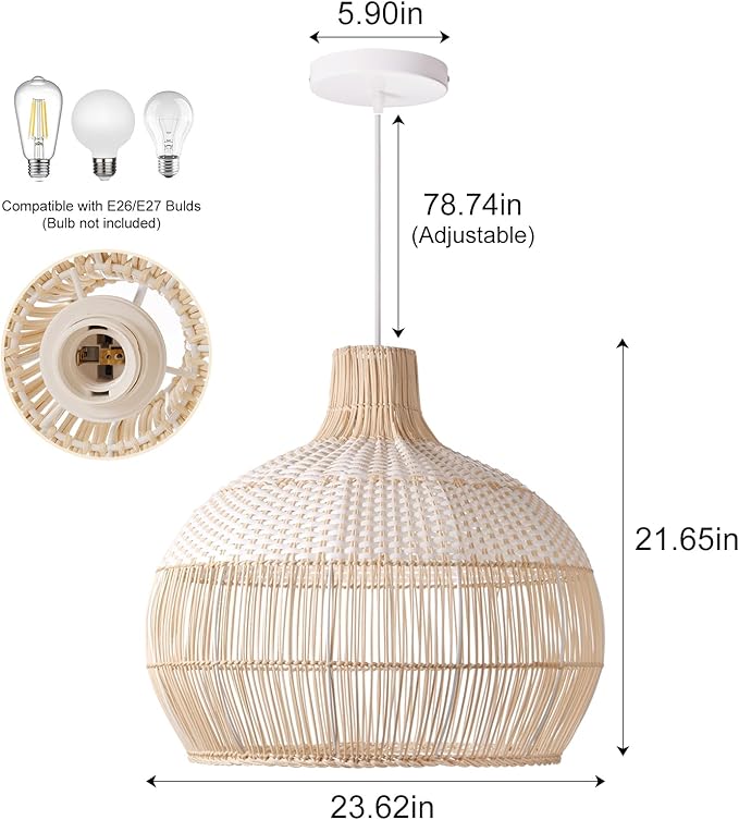 Arturesthome 23.6" White Rattan Pendant Light for Kitchen Island Sink, Wicker Chandelier, Handwoven Hanging Ceiling Light Lampshade for Dining Room Bedroom