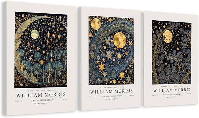 WRFON William Morris Canvas Wall Art, Vintage Gold Moon Wall Decor, Dreamlike Stars Poster Prints, Retro Botanical Aesthetic Pictures for Bedroom Living Room Office Framed Ready to Hang 12"x16"x3