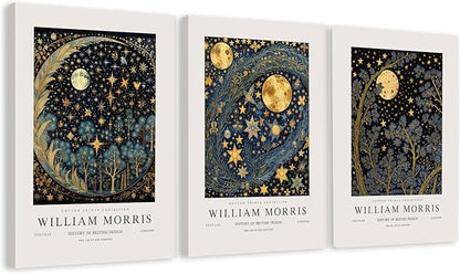 WRFON William Morris Canvas Wall Art, Vintage Gold Moon Wall Decor, Dreamlike Stars Poster Prints, Retro Botanical Aesthetic Pictures for Bedroom Living Room Office Framed Ready to Hang 16"x24"x3