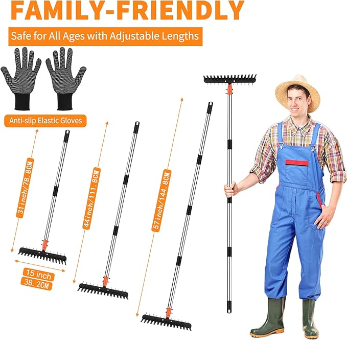 Thatch Rake for Lawns - 15” Wide Dethatcher Rake with Upgraded Dual-Action Tines & 57” Adjustable Handle, Heavy Duty Steel Garden Rake Includes Reusable Waste Bag and Gloves