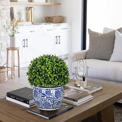 DILATATA Artificial Topiary Boxwood Ball in Blue and White Ceramic Pot, 10 Inch Artificial Boxwood in Planters Decorative Fake Greenery for Table Centerpiece Indoor Plant Home Decor - Medium