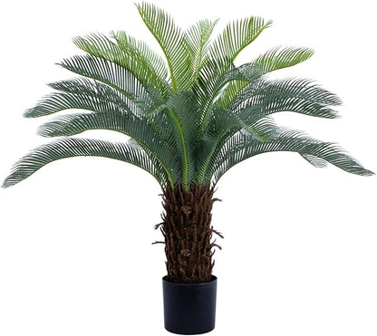 Bellacat 4ft UV Resistant Faux Sago Palm Tree with Natural & Lifelike Bark, 48in Super Full Artificial Cycad Tree with Realistic Leaves, for Home Office Patio Porch Front Door Decor.
