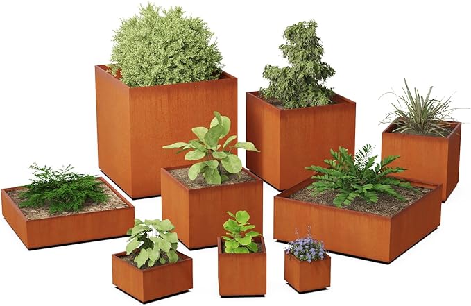 Plantercraft Corten Steel Planter Square Cube Metal Box Modern Rust Outdoor Heavy Duty | Made in USA | Fully Assembled | Commercial Residential | with Drain Holes