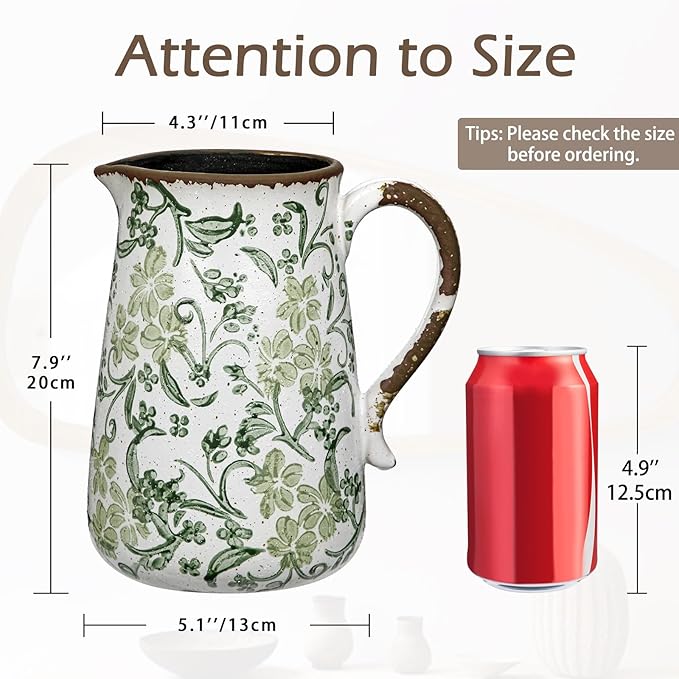 Ceramic Rustic Farmhouse Vase, 7.9" Green and White Vase for Centerpieces Chinoiserie Vases Pottery Jug with Handle Chinoiserie French Country Decor Vintage Vases for Living Room Kitchen Dinner Table