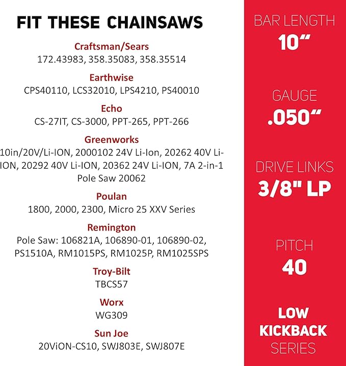 E & S 3 Pack 10 Inch Chainsaw Chain 3/8" LP Pitch .050" Gauge 40 Drive Links Semi-Chisel Chain Saw Chains for Husqvarna, Poulan, Craftsman, Greenworks and More Chainsaw Brands