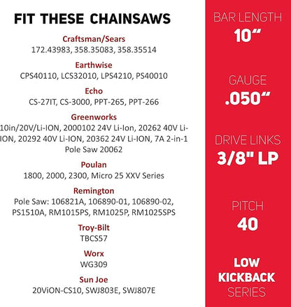 E & S 3 Pack 10 Inch Chainsaw Chain 3/8" LP Pitch .050" Gauge 40 Drive Links Semi-Chisel Chain Saw Chains for Husqvarna, Poulan, Craftsman, Greenworks and More Chainsaw Brands