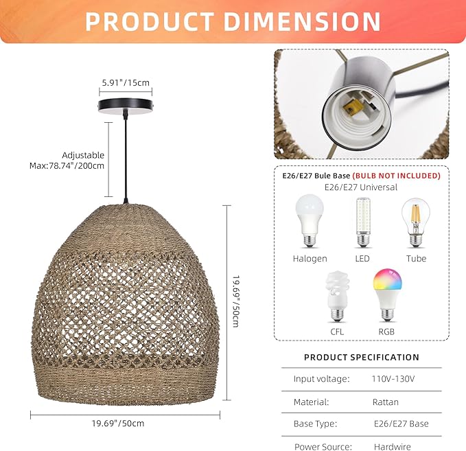 Arturesthome 19.6" Retro Rattan Woven Pendant Light Fixture, Chandelier with Lamp Shade Light Cover, Hanging Lighting for Kitchen Dining Room Foyer