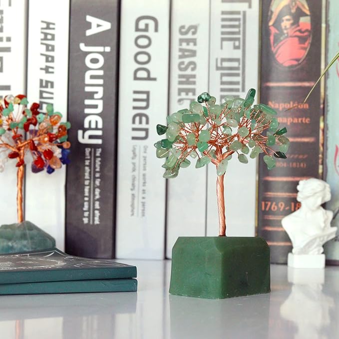 Healing Green Aventurine Crystal Tree - Natural Reiki Gemstone Base with Copper Wire - Feng Shui Money Tree for Home Office Desk Decor - Good Luck