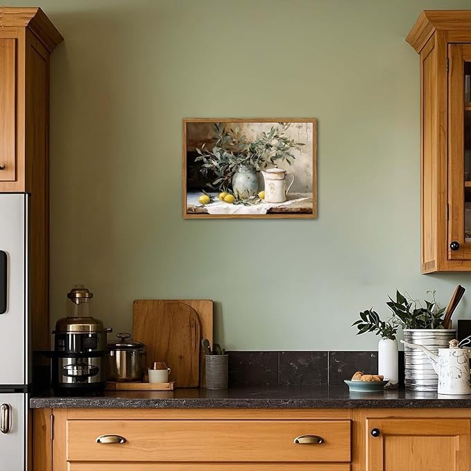 Framed Vintage Kitchen Wall Art, Rustic Yellow Lemon Still Life Pictures Wall Decor, Country Botanical Paintings Canvas Prints Farmhouse Home Decor for Dining Room Living Room 16x24 inch