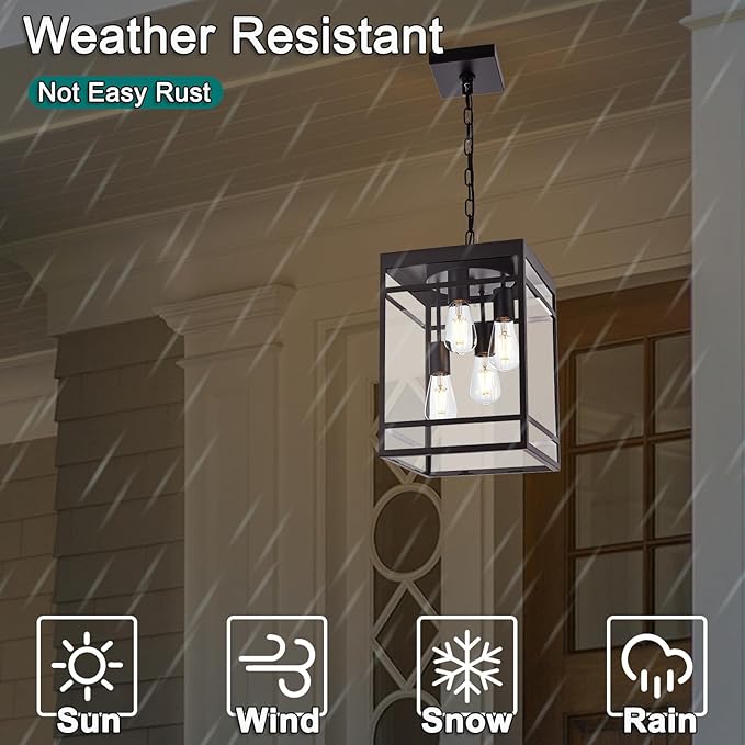 Large Outdoor Pendant Light for Porch, Oil Rubbed Bronze Outdoor Hanging Light Fixture with Clear Glass Shade, Exterior Linear Chandelier Hanging Lantern for Outside Patio,Front Door