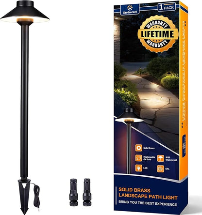 Gardenreet Outdoor Brass Pathway Lights - Black Low Voltage Landscape Path Lighting Wired, 12v Walkway Light LED IP65 Waterproof, Hat-Top for Outside Garden Yard Driveway G4 Bulb Not Included