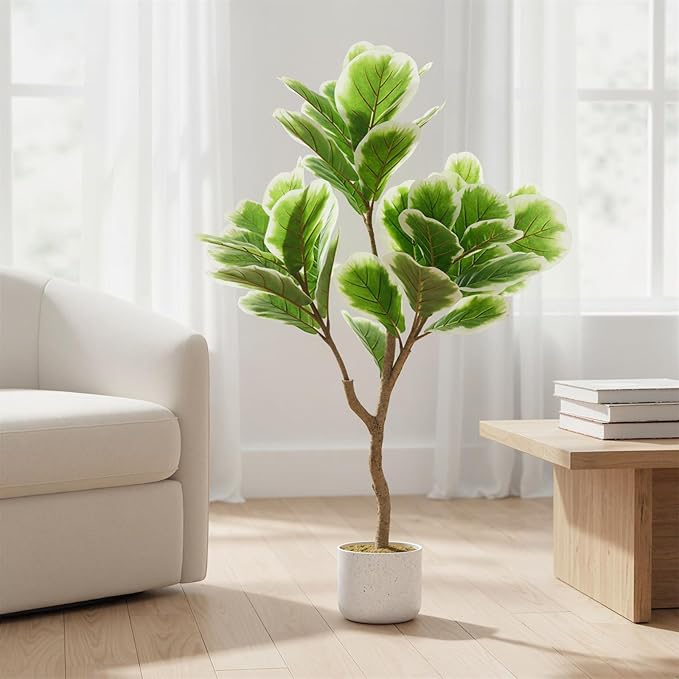 3.3 FT/39.4 in Lifelike Fiddle Leaf Fig Tree with Realistic Trunk, Faux Indoor Plant in Pot for Home and Office Decoration