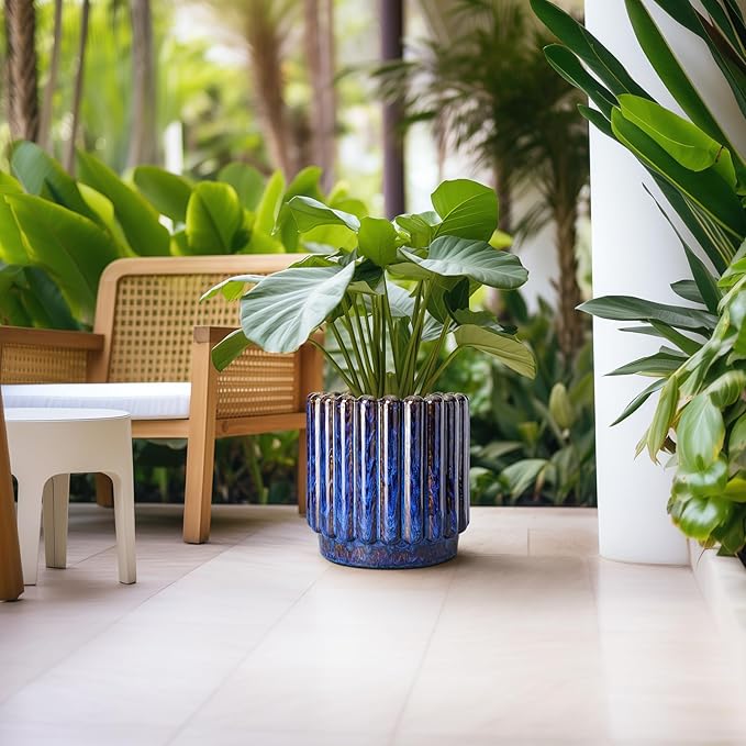 12 Inch Pots for Plants - Ceramic Planter Indoor Outdoor, Large Ceramic Flower Pots with Drainage Hole, Fluted Modern Round Planter, Living Room Home Decor, Gifts for Plant Lovers, Blue