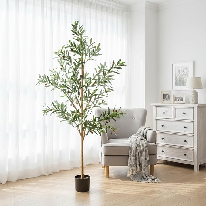 Olive Trees Artificial Indoor, 6FT Tall Faux Olive Tree with Black Pot, Moss, Lifelike Wood Trunk and Fruits,Suitable for for Modern Home Office House Living Room Decor